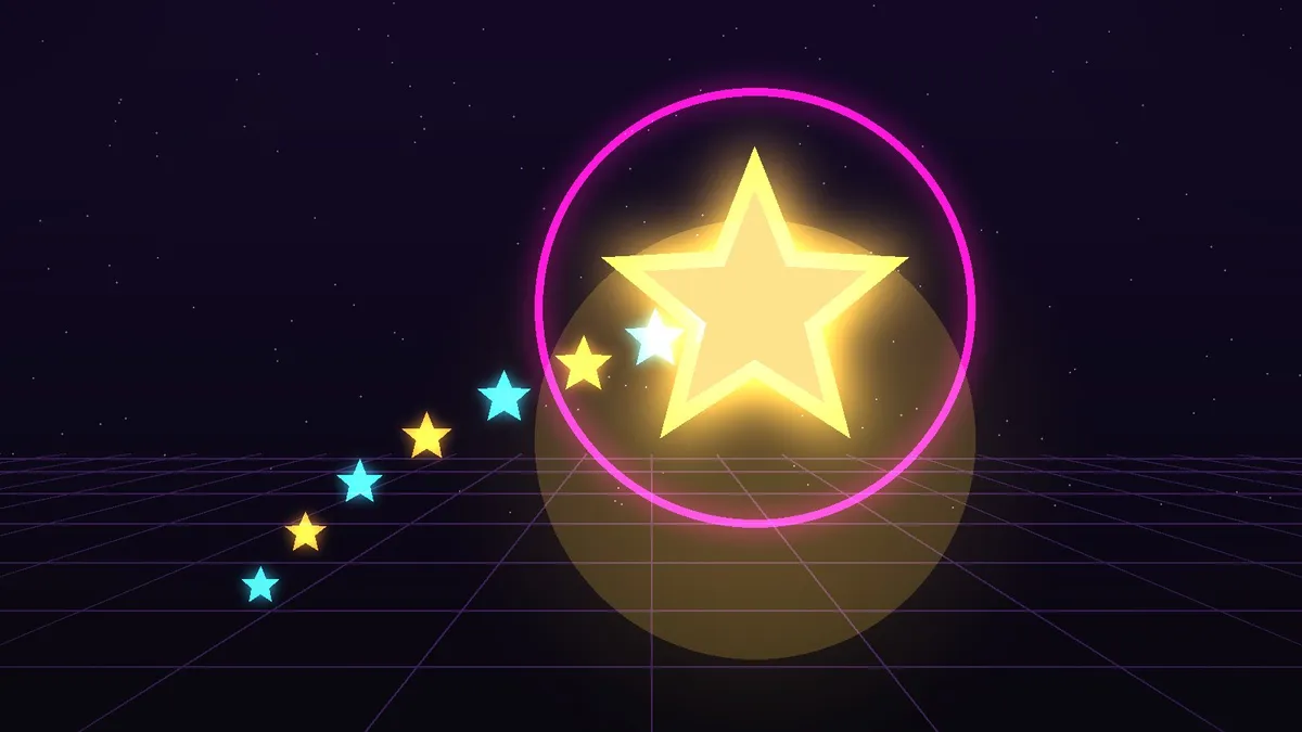 Neon artwork of a glowing gold star inside a pink ring, with a trail of small stars leading to it.